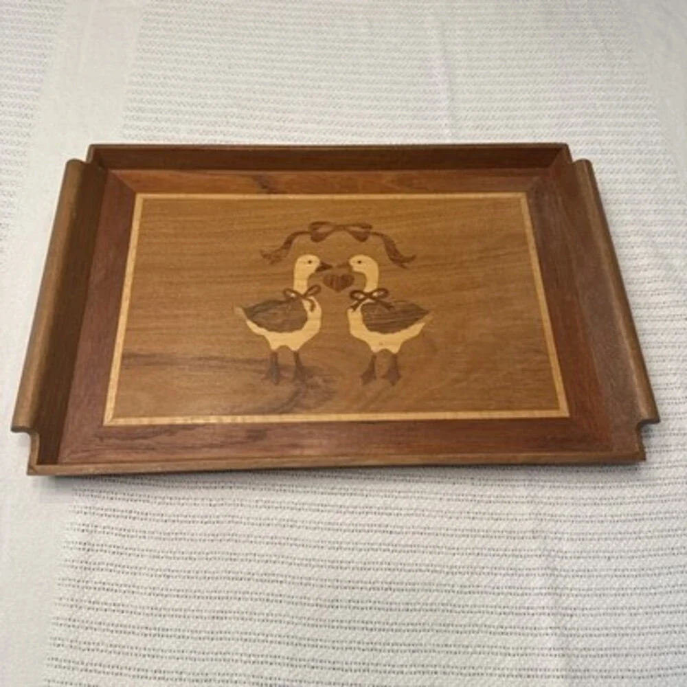 Vintage Mahogany/Teak Wood Serving Tray 19 X 12 Geese Heart Inlayed